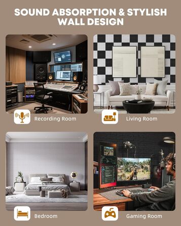 Акустичні панелі Jamelo 3D цегла, самоклеючі панелі для звукоізоляції та декору стін (30x30x0,9 см, чорні, 12 шт.) для студії, спальні та офісу