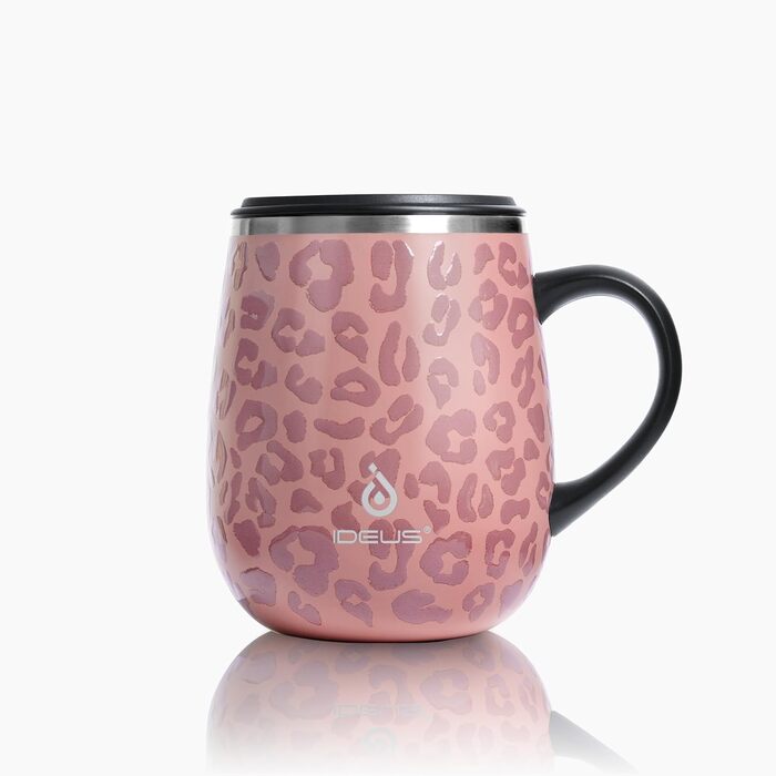 Термокружка Ideus 470 мл з нержавіючої сталі, подвійні стінки, ізоляція, з кришкою-ковпачком, протиковзкий наклад, зелений/рожевий (Leopard Rosa)