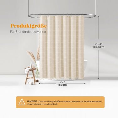 Шторка для душу BTTN 182x180 см, бохо-фермерський стиль, льонова тканина, з бахромою, водовідштовхувальна, з вантажами, комплект з 12 гачками, бежевий/кремовий, сітка