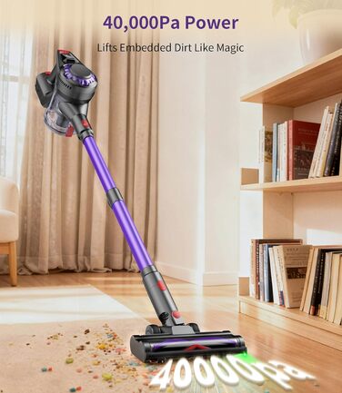 Бездротовий акумуляторний пилосос 450W, 40KPa, без мішка з HEPA-фільтром та LED-дисплеєм, антизаплутана щітка, самостійна підставка з кріпленням на стіну, час роботи 50 хв, для килимів, твердих підлог, шерсті тварин та авто