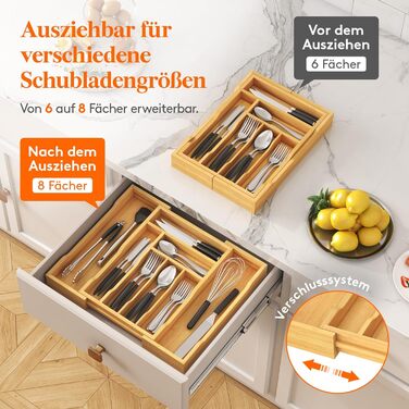 Органайзер для столових приборів Lifewit в шухляду, бамбуковий, 38 см (27-46 см) - розсувний лоток для кухні