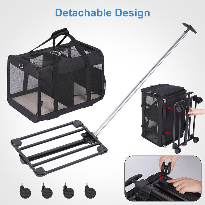Транспортна переноска для котів та собак з подвійним відділенням, знімною перегородкою та колесами, чорна, L