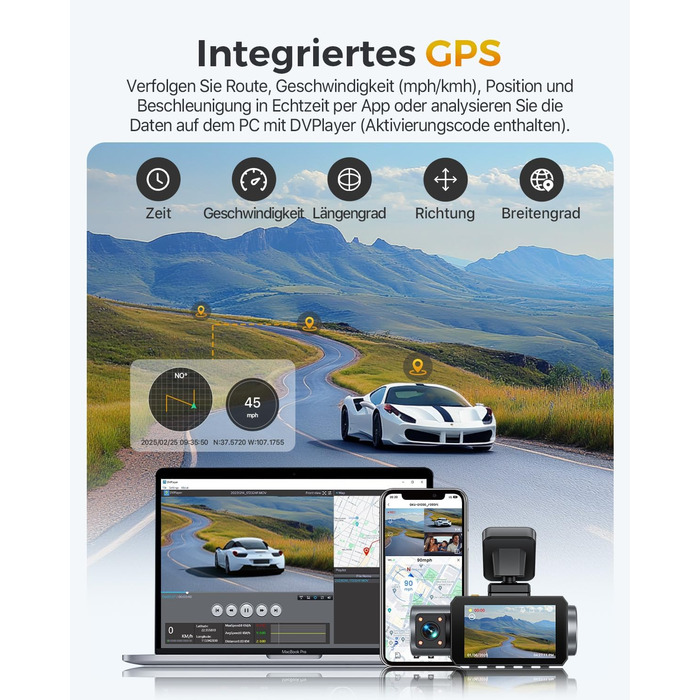 Відеореєстратор GKU 3-камерний, 4K+1080P+1080P, GPS, WiFi, IPS-дисплей 3