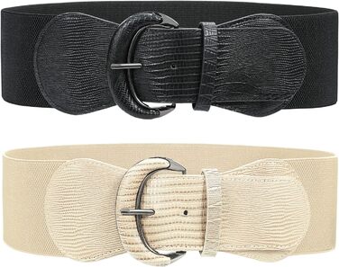 Жіночий широкий еластичний пояс JasGood 2 шт. В'язаний ремінь для суконь, штанів, джинсів. Чорний/Бежевий. Розмір M (76-90 см), L (91-105 см)