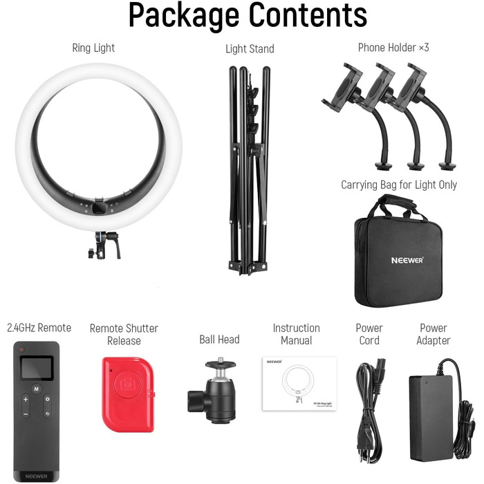 NEEWER Ringlicht RP19H 19 дюймів з підставкою та 3 тримачами для телефону, 2.4G керування, плавне регулювання яскравості, LCD та сенсорне керування, 42W CRI 97+ 2540 Lux, для стрімінгу, дому, офісу, Zoom, освітлення, з пультом ДУ (кільцеве світло з кульов