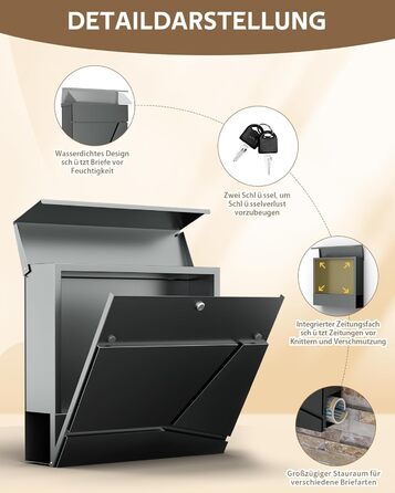 Поштовий ящик Edestahl Anthrazit з газетницею (37x37x10 см), персоналізований з табличкою для імені, вуличний, захист від реклами