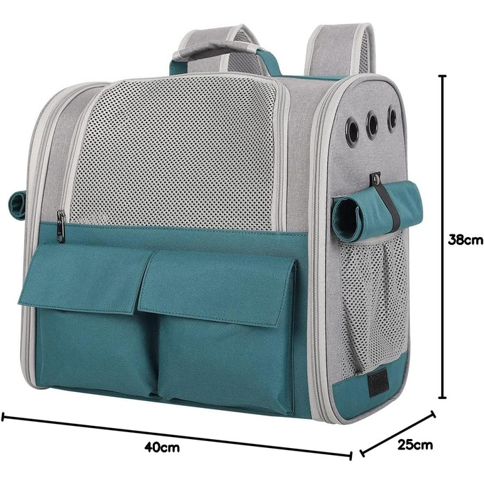 Транспортна сумка для тварин: котів та собак до 10 кг, рюкзак-переноска, велика, з 4 входами, 3 кишені, дихаюча, складана, для подорожей, схвалена авіакомпаніями, універсальний розмір (зелений)