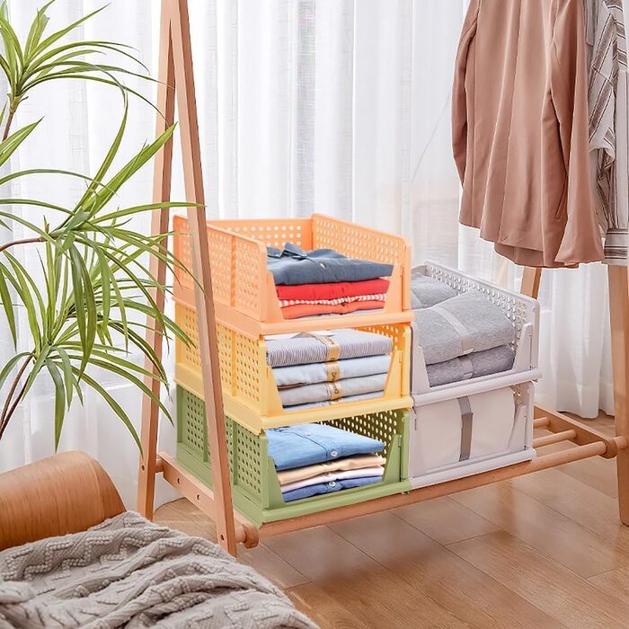 4 Pack Stackable Folding Closet Storage Box Organizer (Easy Open and Fold), Plastic Closet Shelves Storage Box Organizer, Bedroom, Kitchen (Multicolor)