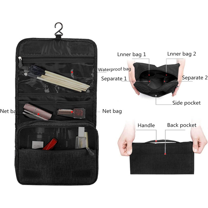 Чоловіча/Жіноча Сумка для Туалетних Принадлежностей, Розкладна, з Ручкою, для Подорожей, Чорна