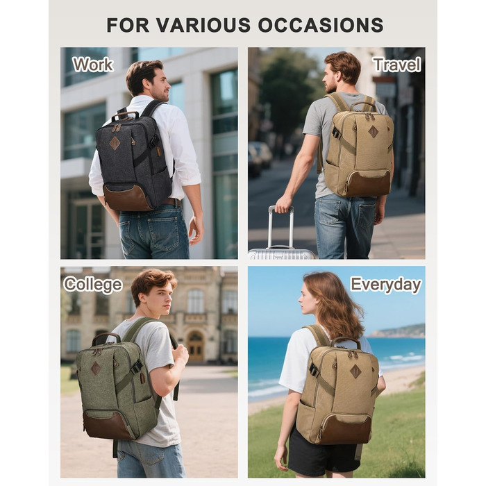 Чоловічий рюкзак для ноутбука 15.6 дюймів, Vintage, водонепроникний, з USB-портом, для подорожей, роботи та навчання (Хакі)