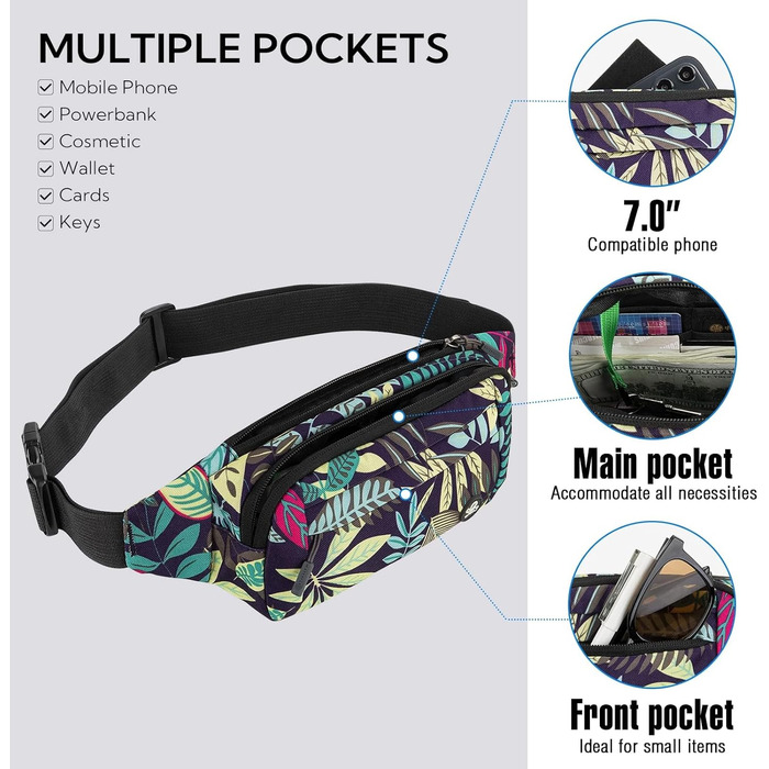 WATERFLY Поясна сумка на пояс для чоловіків та жінок: спортивна сумка через плече, сумка на стегно, поясна сумка Bum Hip Bag з регульованим ремінцем для подорожей, піших прогулянок, дресирування собак, активного відпочинку (кольорові листя)