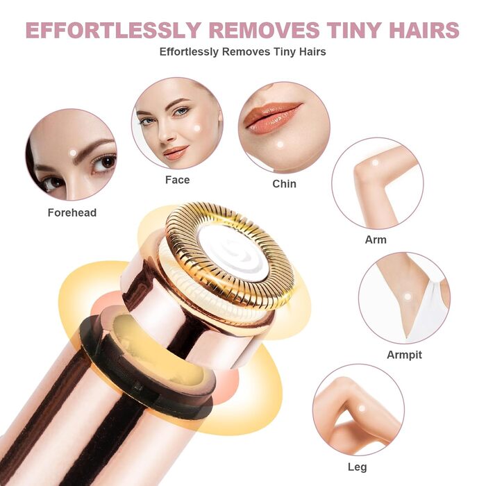 Електричний пристрій для видалення волосся з обличчя URAQT для жінок, USB, безболісний, тример для тіла та обличчя, LED-підсвічування, рожеве золото (чорний)