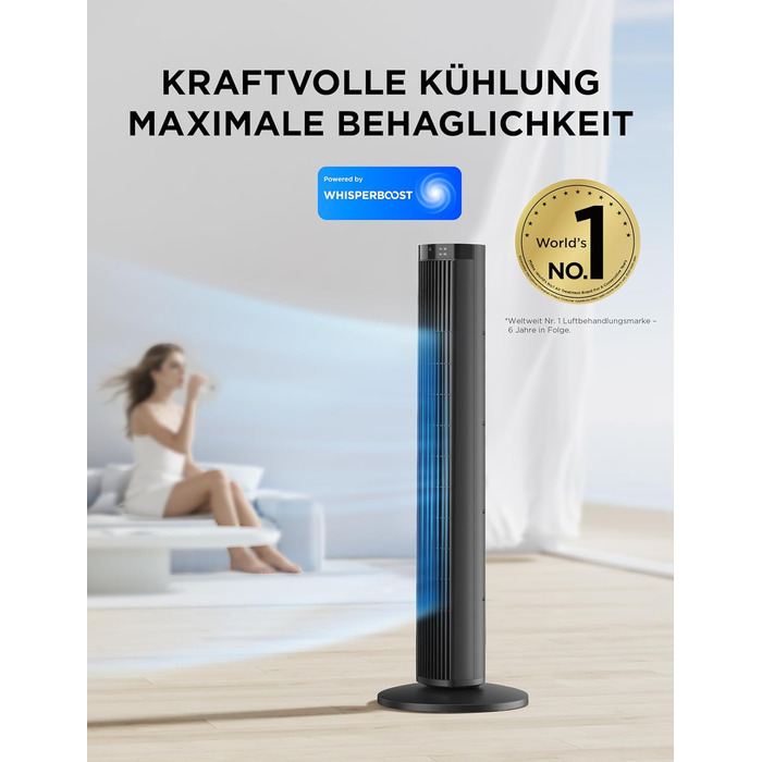 Вентилятор підлоговий Midea FZ10-26MR (BL) 96 см, з пультом, тихий 33 дБ, з осциляцією 90°, таймер 15 год, LED дисплей, 4 швидкості/режими, для спальні та офісу, чорний