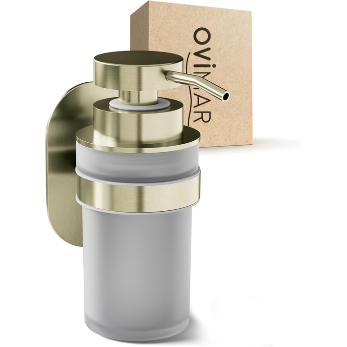 ovimar Soap Dispenser Sand | Gold | Wall Mounting without Drilling | Made of Stainless Steel and Modern Glass | Large Opening | Suitable for Bathroom or Kitchen | Also Suitable as a Hand Sanitizer Dispenser