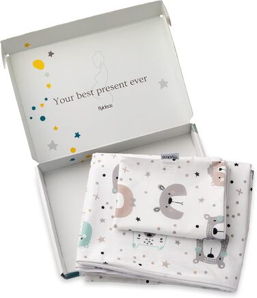 Комплект постільної білизни для немовлят FlyIdeas 100x135 см, 100% бавовна, з ковдрою та наволочкою, для ліжечка, колиски, Made in EU, ведмедики