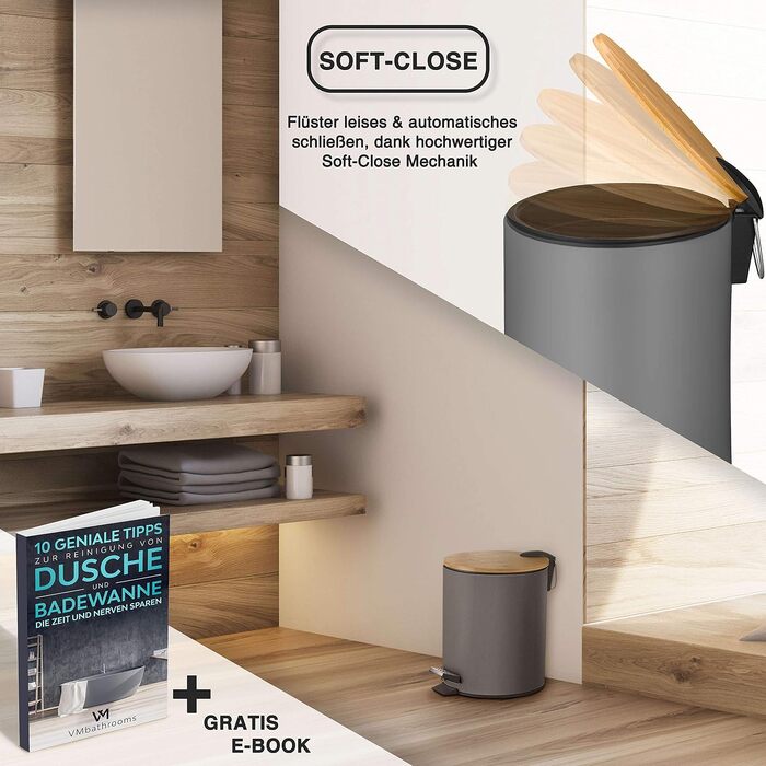 Смітник для косметики VMbathrooms на 3-5 л з педаллю, бамбуковою кришкою та системою Soft-Close, сірий матовий