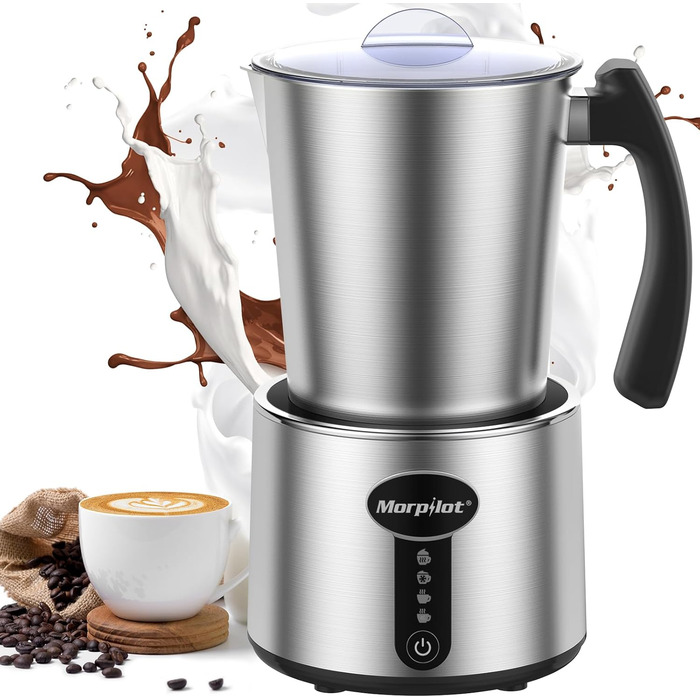 Електричний піноутворювач для молока Morpilot, 500 мл, 650 Вт, нержавіюча сталь, миється в посудомийній машині, для гарячого та холодного молока, шоколаду, антипригарне покриття