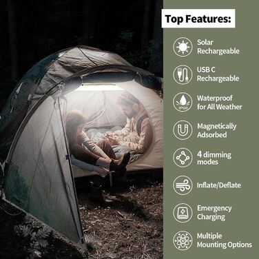 Qoolife LED Camping Lamp Rechargeable, Foldable Solar Camping Light Power Bank with 2 Charging Methods, Rechargeable Camping Lamp with Magnetic Attachment, Waterproof for Camping 85 cm