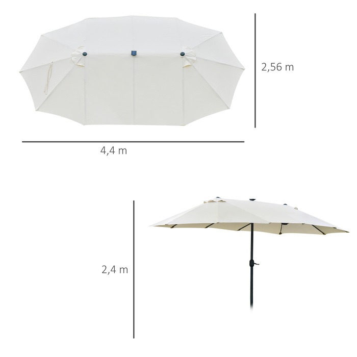 Outsunny Double Canopy Sun Umbrella with LED, 440 x 256 cm, Garden Umbrella with Hand Crank, Patio Umbrella in Cream White for Garden & Patio