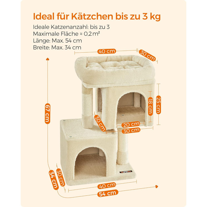 Feandrea Cat Tree Small, 67 cm Cat Tree, Kitten House for Kittens up to 3 kg, Large Platform, Sisal Posts, PCT611W01 (Beige)