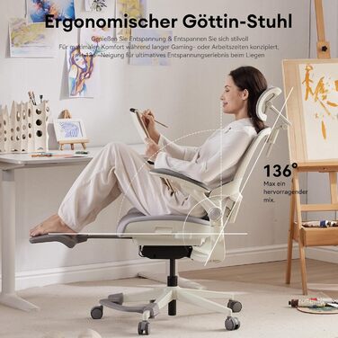 Ергономічне крісло для жінок MUSSO E80 Muse FemmePosture™ - регулювання нахилу 135°, 3D-підтримка попереку, 17см 4D-підголівник, висувна підніжка, регулювання глибини та висоти сидіння, регульовані підлокітники (сірий)