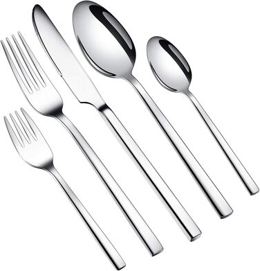 WUJO Cutlery Set, Stainless Steel Cutlery, 30-Piece Silver Cutlery Set including Knives, Forks, Spoons, Cake Forks, Tea/Coffee Spoons, Dining Cutlery for 6 People, Mirror Polished, Dishwasher Safe
