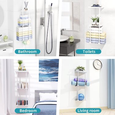 Тримач для рушників без свердління, настінний, з 6 гачками та полицею для ванної кімнати/кухні, матовий, для гостей, білий