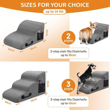 Сходинки для собак, 3 сходинки, з щільного матеріалу, для маленьких собак та котів, знімний чохол, іграшка-канат, легкі та портативні, сірі.