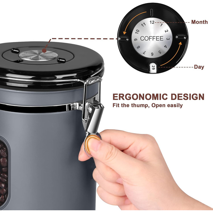 Контейнер для кави Rocky & Chao з нержавіючої сталі 1.8L, герметичний, з вікном, для кавових зерен, чаю, горіхів, какао