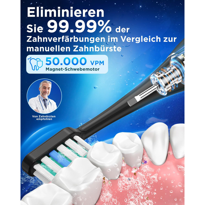 Електрична зубна щітка зі звуковими вібраціями, 8 насадок (3 типи), таймер, 120 днів роботи від акумулятора, 5 режимів чищення, чорний колір, для дорослих, з зарядною станцією