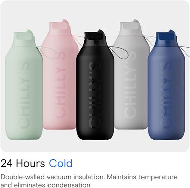Chilly's Series 2 Flip Bottle - Thermos flask with sport cap, telescopic straw, and nylon carry loop - stainless steel bottle with easy flip opening, straw cleaning brush included