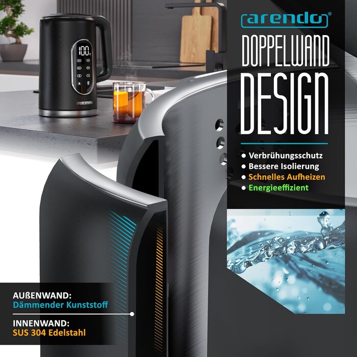 Електричний чайник Arendo з регулюванням температури, нержавіюча сталь, подвійні стінки Cool Touch, дисплей, бездротовий, 2200 Вт, 1.7л, захист від перегріву, функція підтримання тепла, чорний