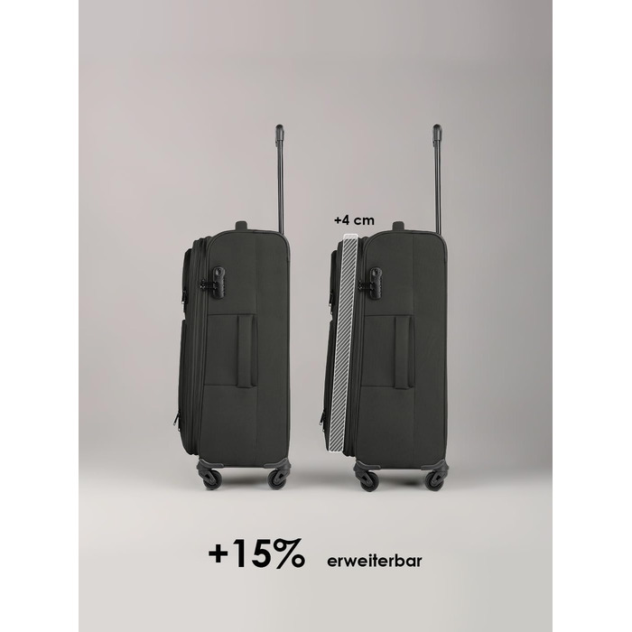 Набір валіз SMARTBOX 3 шт. для жінок та чоловіків | Легкі та міцні валізи-ролери, якісний softcase, 4 колеса та кодовий замок | Розширювані валізи (Чорний колір, валіза M (67 см))