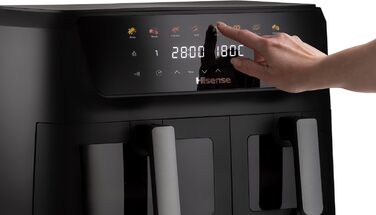 Фритюрниця повітряна Hisense HAF2700DCD, 2700 Вт, 11 л, 8 програм, антипригарне покриття, дисплей, енергоефективна, SyncServe, чорний, подвійний кошик
