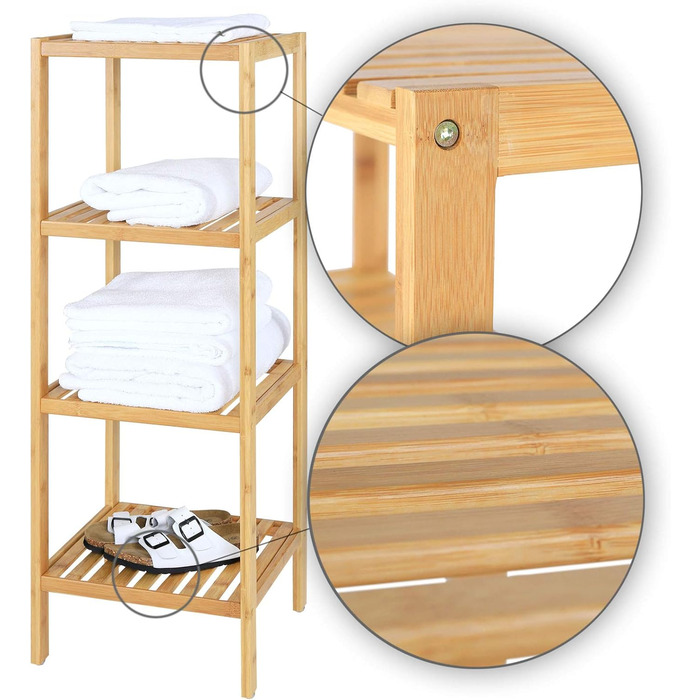 dibea Bathroom Shelf with 4 Shelves, Living Room Shelf, Standing Shelf, Bamboo Shelf, Bathroom Shelf, Bookshelf, Corner Shelf, Kitchen Shelf, 33x33x98 cm, natural color