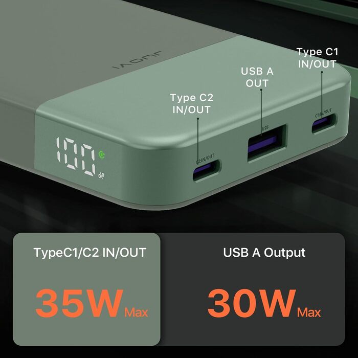 Портативний павербанк JUOVI 10000mAh, 35W з 2 USB-C та 1 USB-A, PD 3.0 QC 4.0, для iPhone, MacBook, iPad (Зелений)