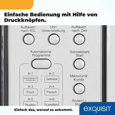 Вбудована мікрохвильова піч Exquisit EMW 20.1G Inoxlook, 20 л, 800 Вт, 8 автопрограм, таймер, діаметр обертового столу 24,5 см
