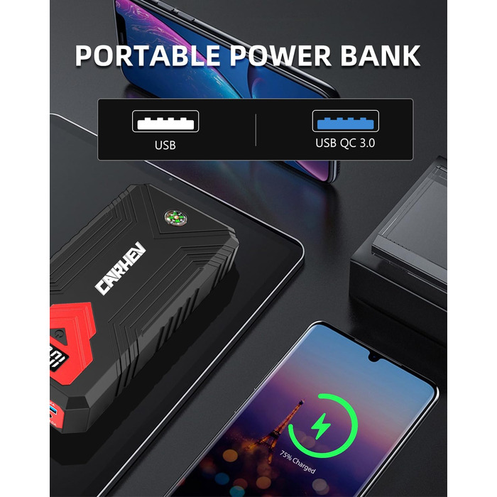 Powerbank для автомобіля Starthilfe: пусковий пристрій, 4000A, 12V, USB, LED, для бензинових та дизельних авто (до 8.0L)