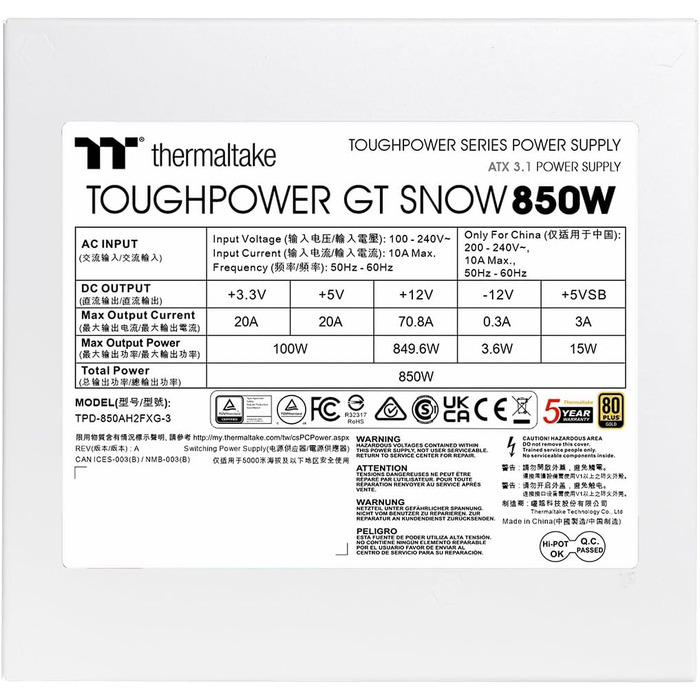Блок живлення Thermaltake Toughpower GT 850W ATX 3.1 PCIe 5.1 80+ Gold Modular Snow (білий)