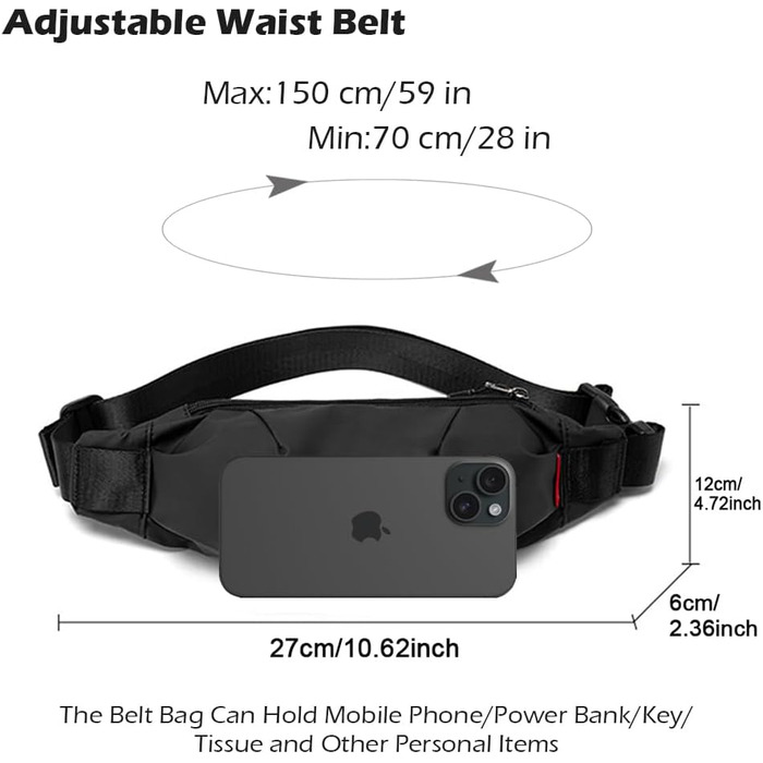 Чоловіча/жіноча поясна сумка-рюкзак на пояс, водонепроникна, чорна. Підходить для спорту, подорожей, фітнесу, велоїзди та кемпінгу.