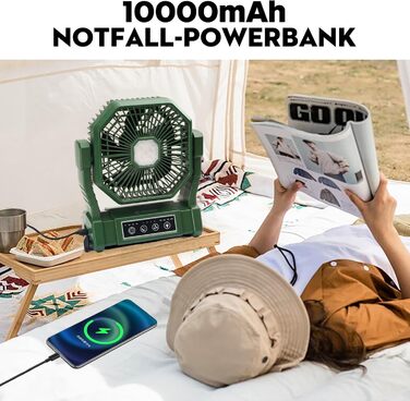 Портативний кемпінговий вентилятор з акумулятором 10000mAh, LED-підсвіткою та пультом керування, безшумний вентилятор для намету, автодома та відкритих просторів (Зелений)