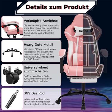 Ігрове крісло SUKIDA Ergonomic Gaming Chair з підножкою та підтримкою попереку, комп'ютерне офісне крісло (Рожево-біле)