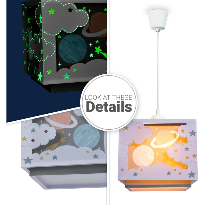 Paco Home Hanging Lamp Children's Room Ceiling Lamp Pendant Light Lampshade Fabric E27 Lion Jungle Glows in the Dark (Planets, Gray)