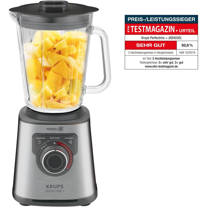 Krups KB403D Perfectmix + High-Performance Blender | 1.200W | 28,000 RPM | 2L Glass Container | 3 Pre-Set Programs | Powelix Technology | Stainless Steel/Dark Grey