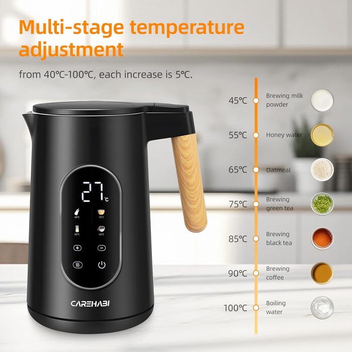 Електричний чайник Carehabi з регулюванням температури, 1.7 л, нержавіюча сталь, чорний, 40°C-100°C, 2200W, LED дисплей, подвійні стінки, функція підтримки тепла