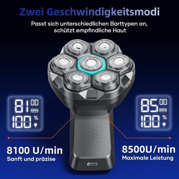 Машинка для гоління голови чоловіча Kensen 7D водонепроникна, з магнітною насадкою, Type-C, 8100/8600 об/хв, сіра