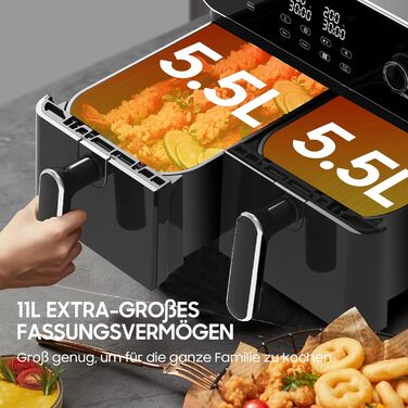 iceagle Hot Air Fryer 2 Chambers Airfryer XXL 11L - 1700 W Hot Air Fryer with 2 Compartments | Dual Zone Hot Air Fryer, 6 Cooking Functions, Touchscreen, Recipe Book Dual Basket 11L