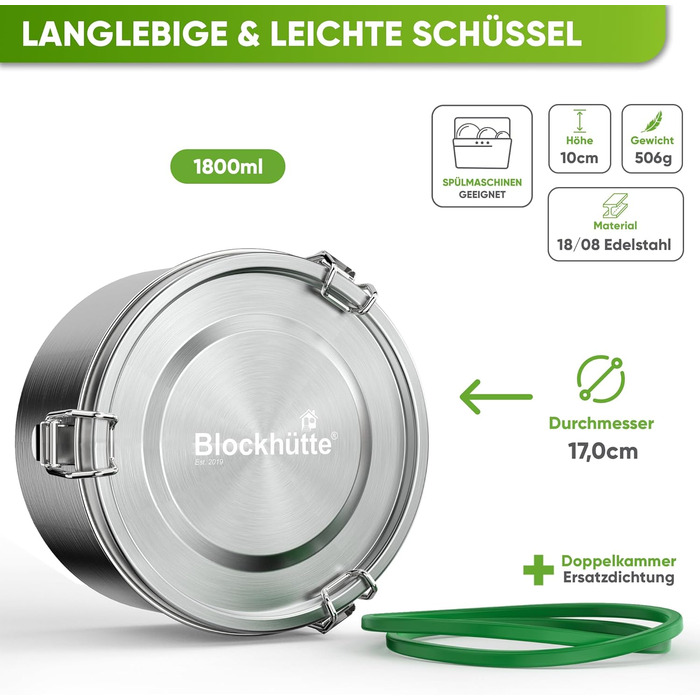 Premium Blockhut Jausenbox Stainless Steel Round I 1800ml I with Spoon 2x Seal Set I Leak-proof Stainless Steel Lunchbox for Adults I Stainless Steel Storage Containers Freezer-safe I Brotzeitbox (German for snack box) Stainless Steel