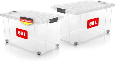 BigDean 2-Pack 60L Storage Boxes with Lid - Large, Transparent - Stackable, Robust Box, BPA-Free - Rollable Stackable Box with Secure Snap Closures - Made in Germany