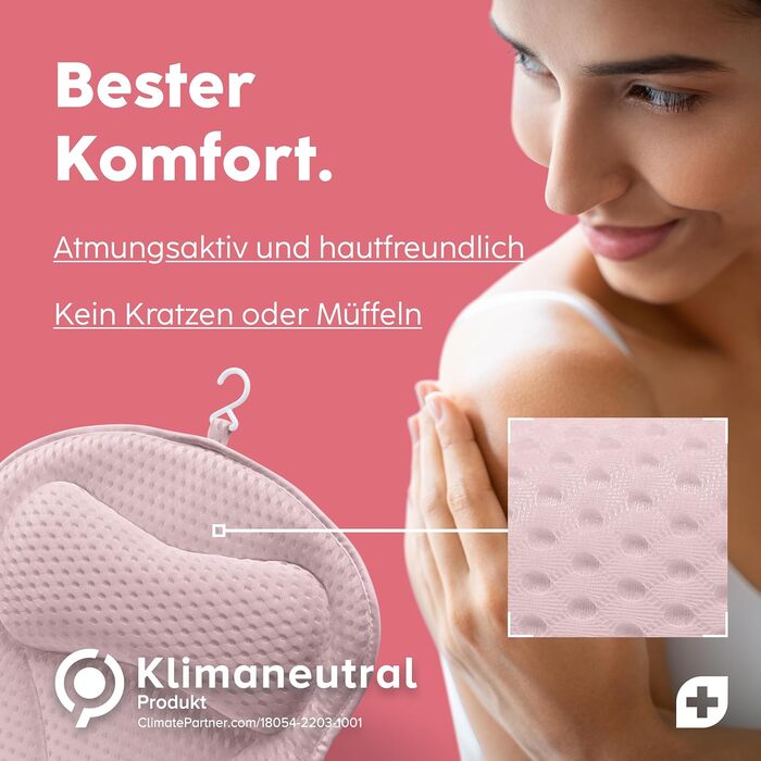Vesta+ L Bath Pillow with Suction Cups - Test Winner - Neck & Back Support for Bathtub - Non-Slip Bath Cushion for Bathtub & Shower (Pink)